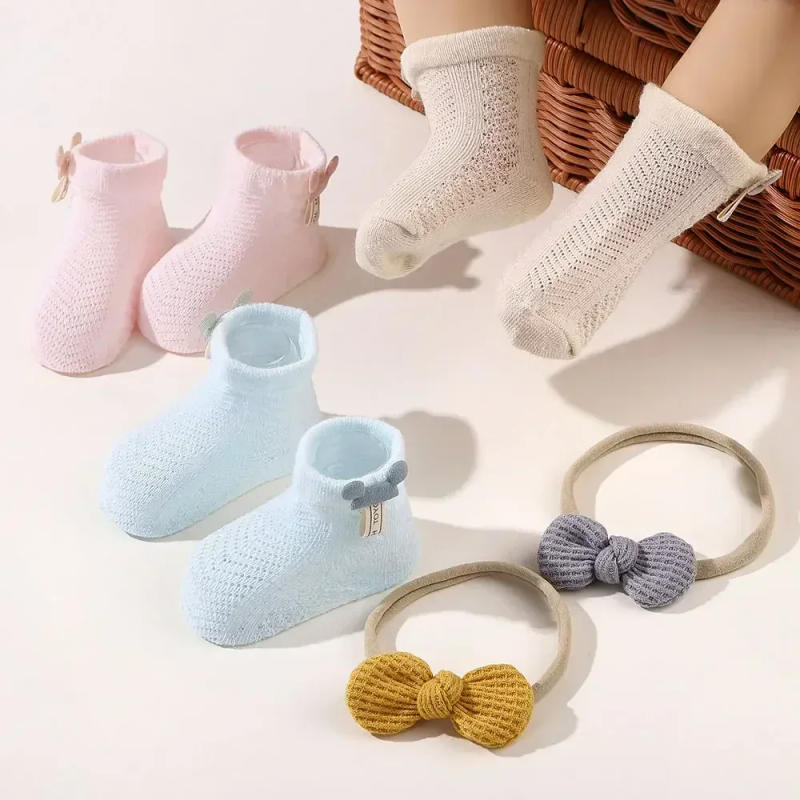 Description Picture 2 of item1 Set Babe Soft Socks Headband Solid Cotton Girls Breathable Socks Cute Bows for Infant Little Girl Clothing Accessories 0-1Y