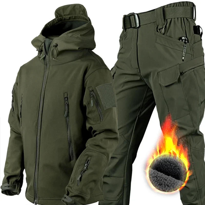 Description Picture 6 of itemCamo Hooded Fleece Tactical Set Mens New Waterproof Thick Shark Skin Soft Shell Jackets Male Warm Multi-pocket Hiking Pants