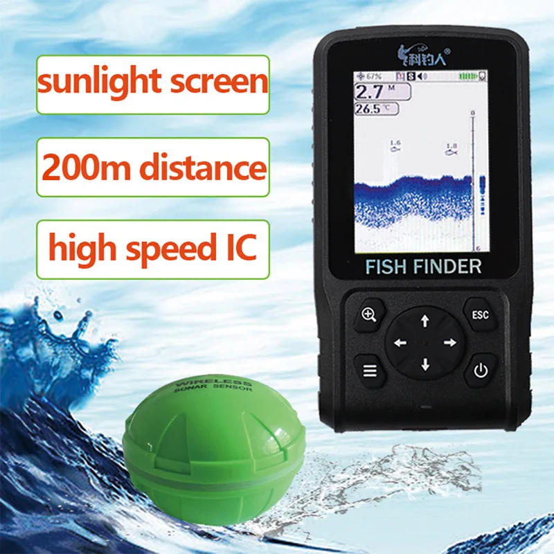 Description Picture 2 of itemEnglish/Russian 200meters Colorful Wireless Fish Finder Dot Matrix Sonar Sensor Transducer Depth Echo Sounder Recharged Battery
