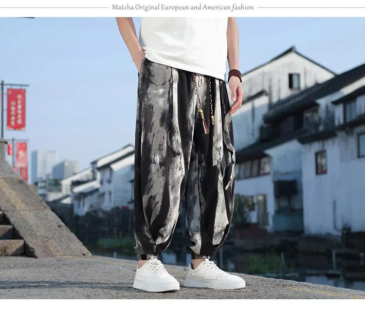 Description Picture 4 of itemMr.nut Ink Wash Men Wide Leg Harem Pants with Pockets Ice Silk Loose Oversize Lantern Joggers Retro Trousers Chinese Clothing