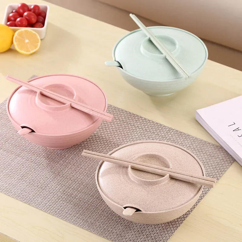 Description Picture 6 of itemHousehold Tableware Set for instant food - 3pcs Wheat Straw Bowl, instant noodles bowl With Lid, Spoons and Chopsticks