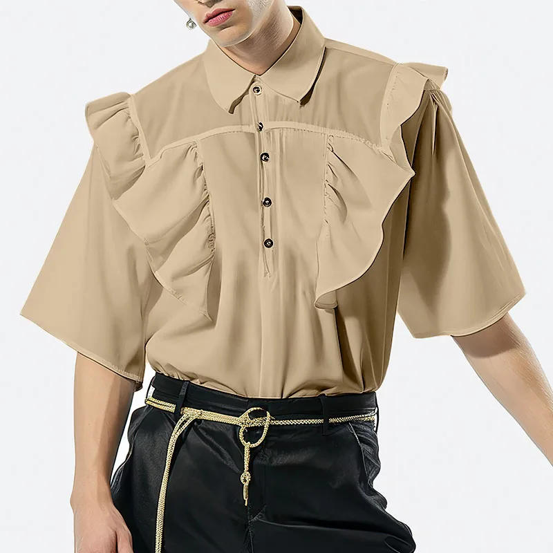 Description Picture 3 of item2024 Men's Shirt Lapel Short Sleeve Solid Color Ruffle Loose Casual Men Clothing Streetwear Summer Fashion Shirts S-2XL INCERUN