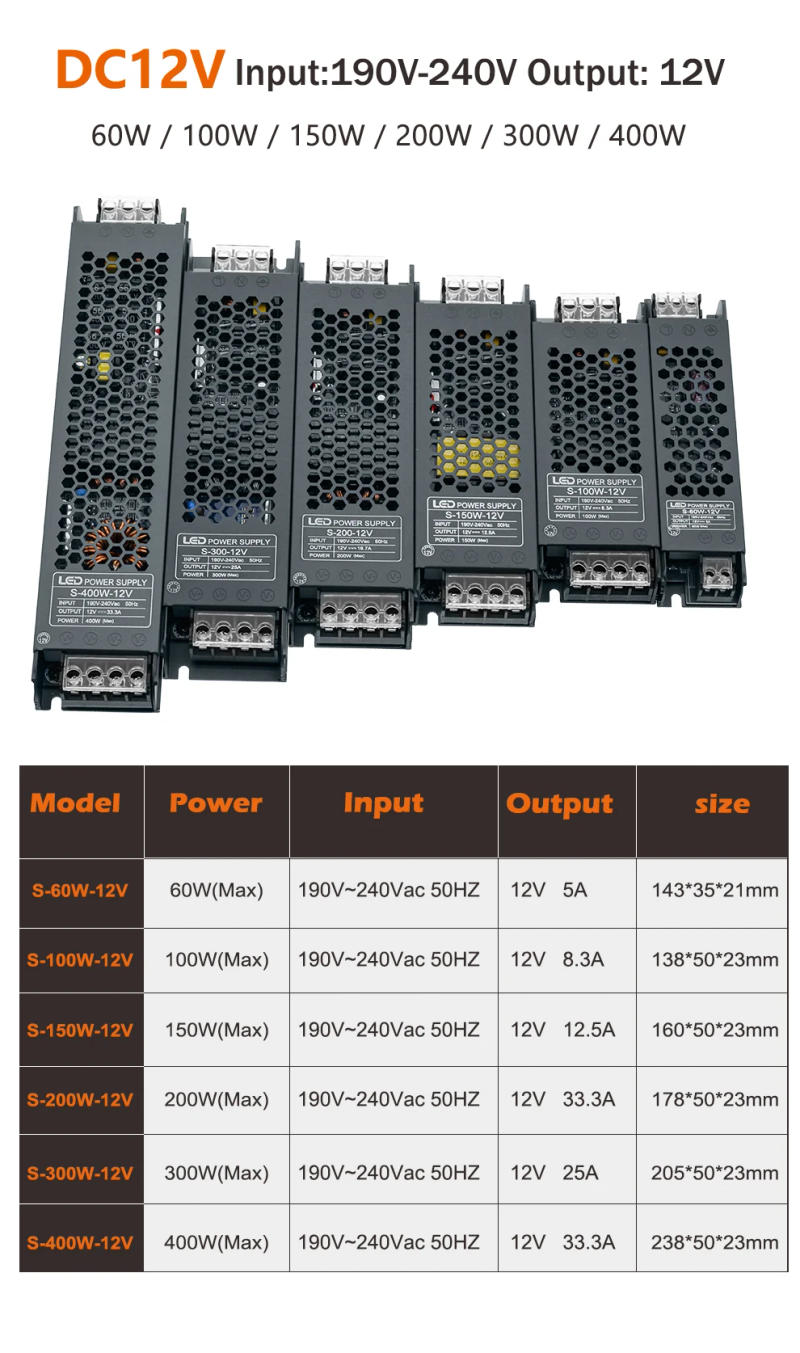Description Picture 3 of itemLED Power Supply AC190-240V DC12V 24V Mute Lighting Transformer LED Converter Light Driver Power Adapter 60W 100W 200W 300W 400W