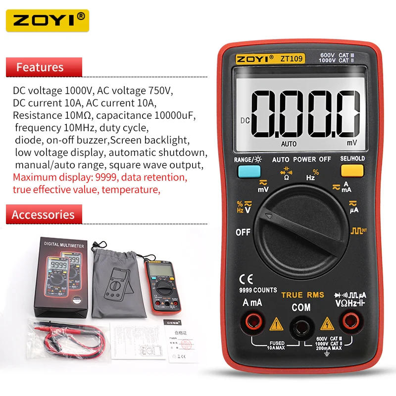 Description Picture 3 of itemZOYI ZT109/111 Digital Electrical Multimeter 6000 Counts DC/AC Current Voltage Tester True RMS Auto Ranging LCD Meters