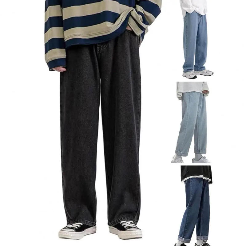 Description Picture 2 of itemMen Denim Trousers Retro Streetwear Men's Wide Leg Jeans Solid Color Soft Fabric Button-zip Closure Stylish Comfortable Long
