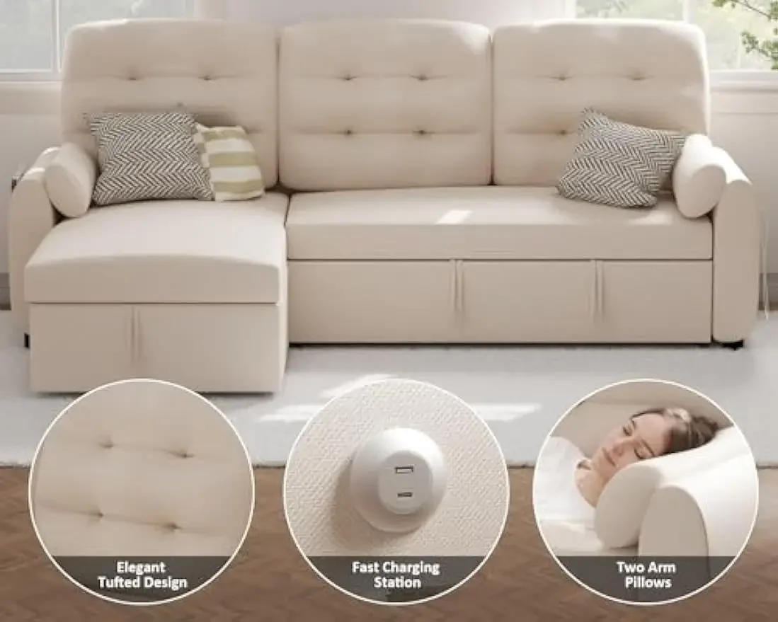 Description Picture 5 of itemSectional Sofa 87" Sleeper Sofa Bed with Reversible Storage Pull Out Couch for Living Room Side Pocket Linen Fabric Beige