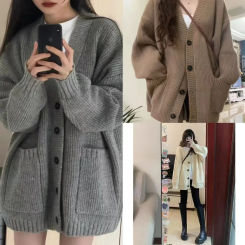 Gray Knitted Sweater Coat Women's Loose Style Autumn Winter New Korean Version Soft Cozy Open Cardigan for Outerwear