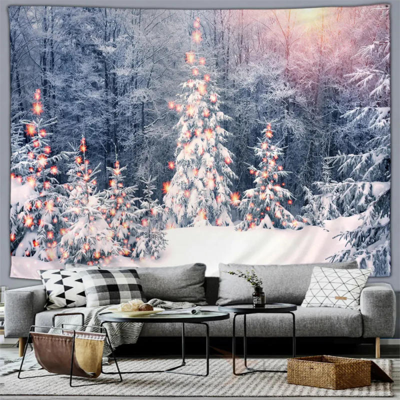 Description Picture 2 of itemWinter Forest Snow Scene Tapestry Wall Hanging Christmas Tree Happy New Year Bedroom Living Room Patio Wall Hanging Mural Decor