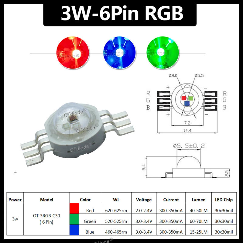 Description Picture 4 of item1-100pcs 3W 4W 5W 6W 15W 18W High Power LED RGB RGBW RGBWY RGBWYV 4pin 6pin 8pin 10pin 12pin Colorful Chip Stage lights Source