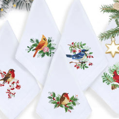 @Adorable Christmas Birds Embroidery Napkin, Placemat, Hemstitch, Cotton+Linen, Table Decoration