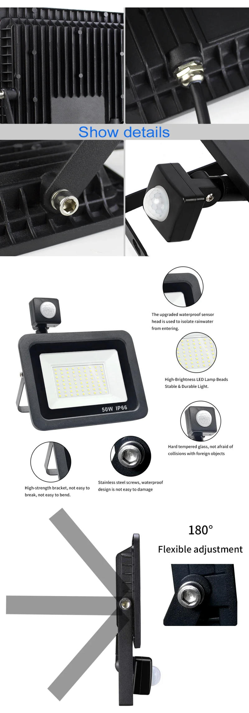 Description Picture 2 of itemLED floodlight 150W 100W 50W 30W 20W 10W PIR motion sensor IP66 waterproof LED 220V hanging outdoor wall lamp spotlight