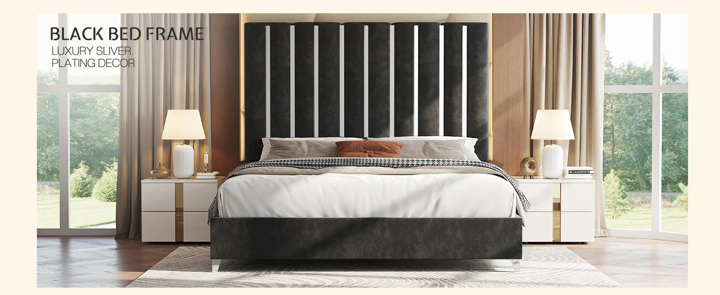 Description Picture 3 of itemKing Bed Frame with 58" Tall Headboard, with Silver Plating Trim, No Box Spring Needed, Velvet Upholstered Bed Frame