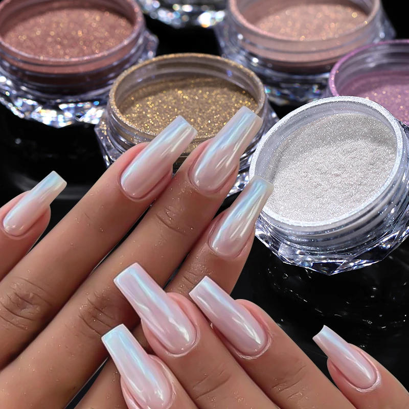 Description Picture 4 of itemGradient Pearl Nails Dust Chrome Glitter changing color rose pink white Rubbing on Powder Shell Mirror Pigment Nail Art Supplies