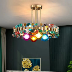 Newly Arrived Crystals Modern Chandelier for Living Room Home Decoration Gold Round Kitchen Fixture Colorful Stone Hanging Lamp
