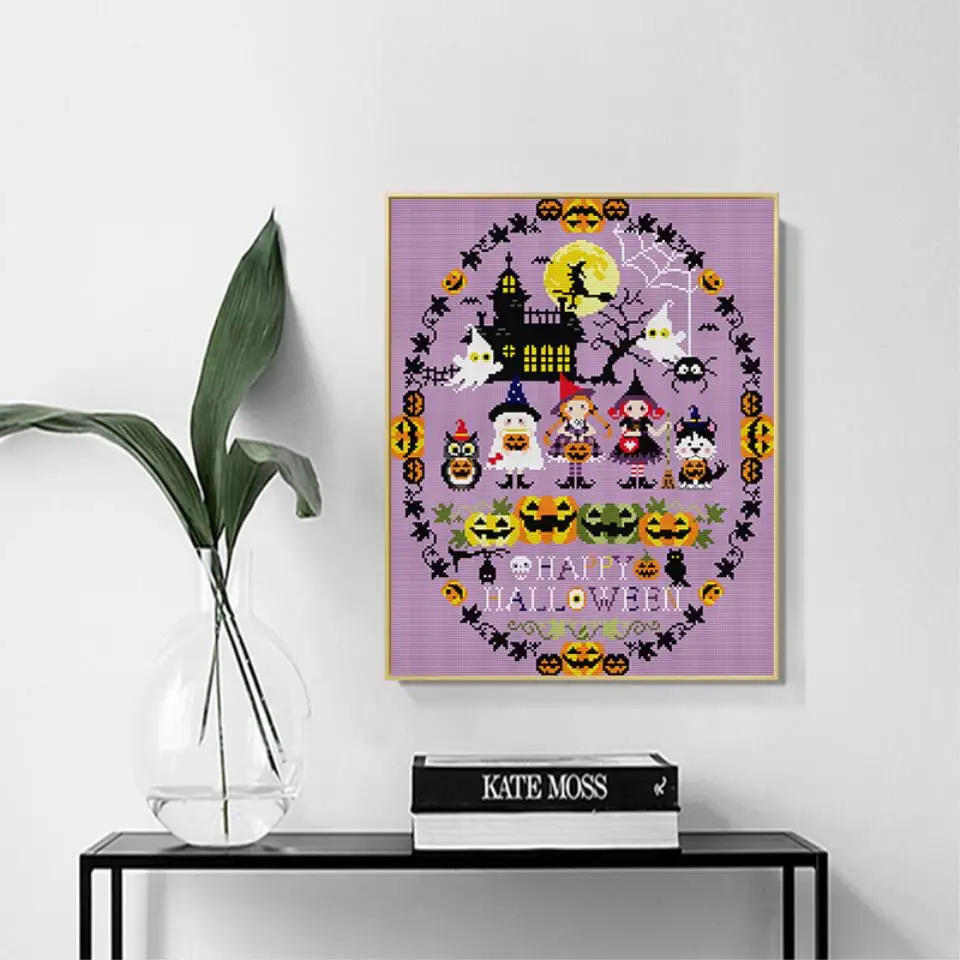 Description Picture 4 of itemHappy Halloween Cross Stitch Kit Aida 14CT 11CT White Printed Canvas Fabric Needle and Thread Embroidery Set DIY Home Decor Gift