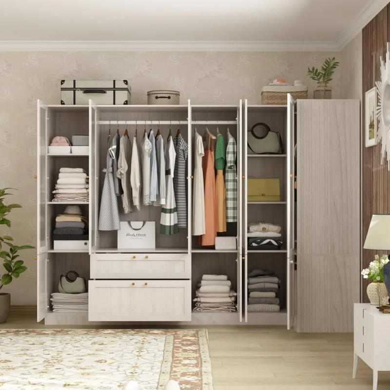Description Picture 3 of itemLarge L-shaped wardrobe with 6 frosted glass doors,hanging poles, shelves, and drawers, 98.4-inch wooden bedroom storage cabinet