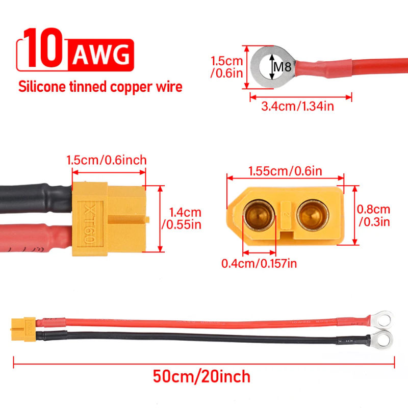 Description Picture 3 of item10AWG 50cm XT60 female head turn M8 O terminal silicone tinned copper wire for car and ship battery solar panel connection cable