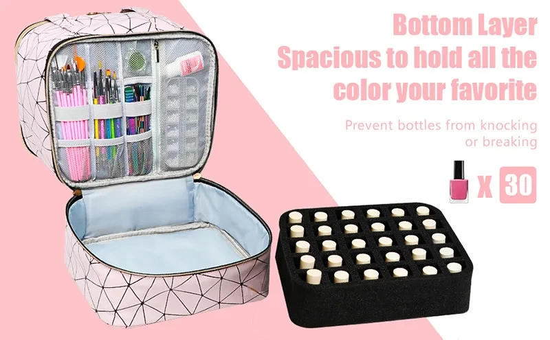 Description Picture 6 of item30 Bottles Nail Polish Storage Bag Portable Cosmetic Large Handbag Organizer with Handle for Travel 2 Layer Essential Oil Bag