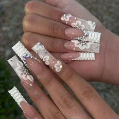 24Pcs Long Ballerina False Nails Press on Nails Serpentine Flower with Rhinestones French Fake Nails Wearable White Nail Tips