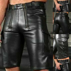 Casual Men'S Short Leather Pants Motorcycle Retro Fashion Solid Color Shorts Pu Leather Trousers Skinny Push Up Leggings