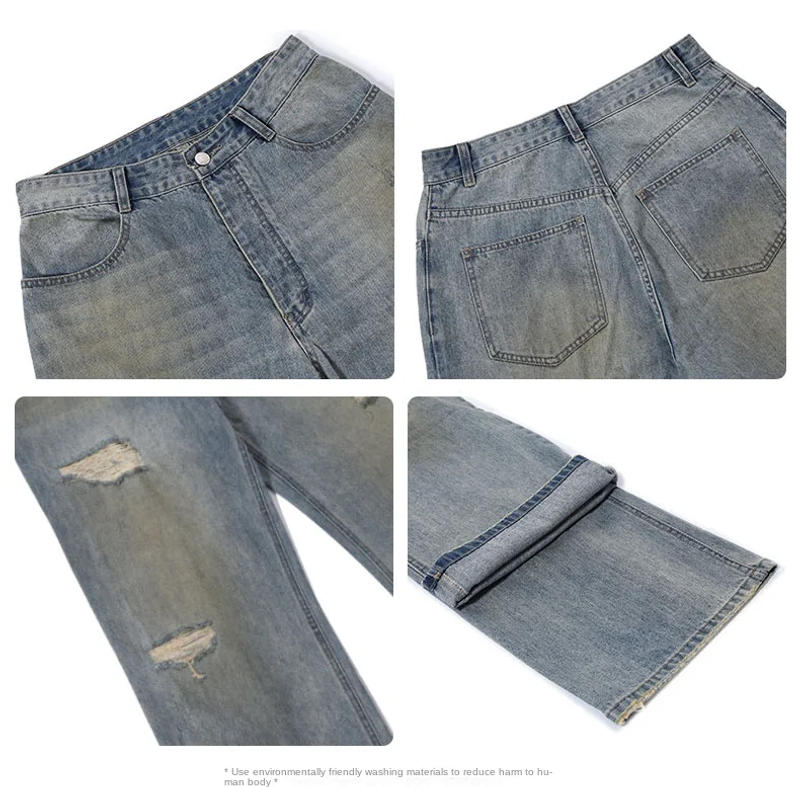 Description Picture 6 of itemSummer Thin Washed Make Old Ripped Jeans Men's Retro Nostalgic Loose Straight Korean Style Street Style Trendy Wide Leg Pants