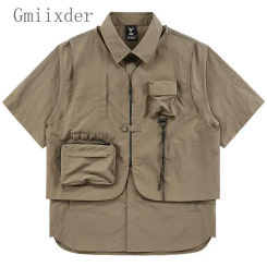 High-end Design Fake Two-piece Short-sleeved Shirt Korean Style Summer Heavy Duty Vest Spliced Shirt Multi-pocket Outdoor Top