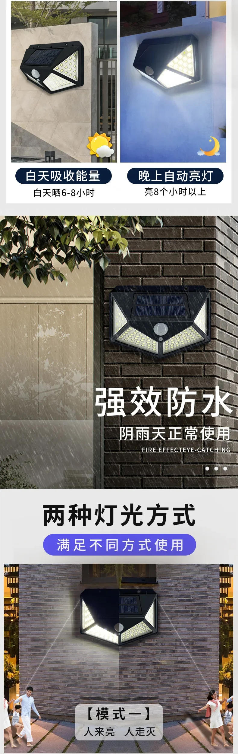 Description Picture 4 of itemHot Selling Four Sided Wall Lamp 100LED Solar Body Sensing Floodlight Wall Lamp Outdoor Courtyard Waterproof Stair Street Lamp