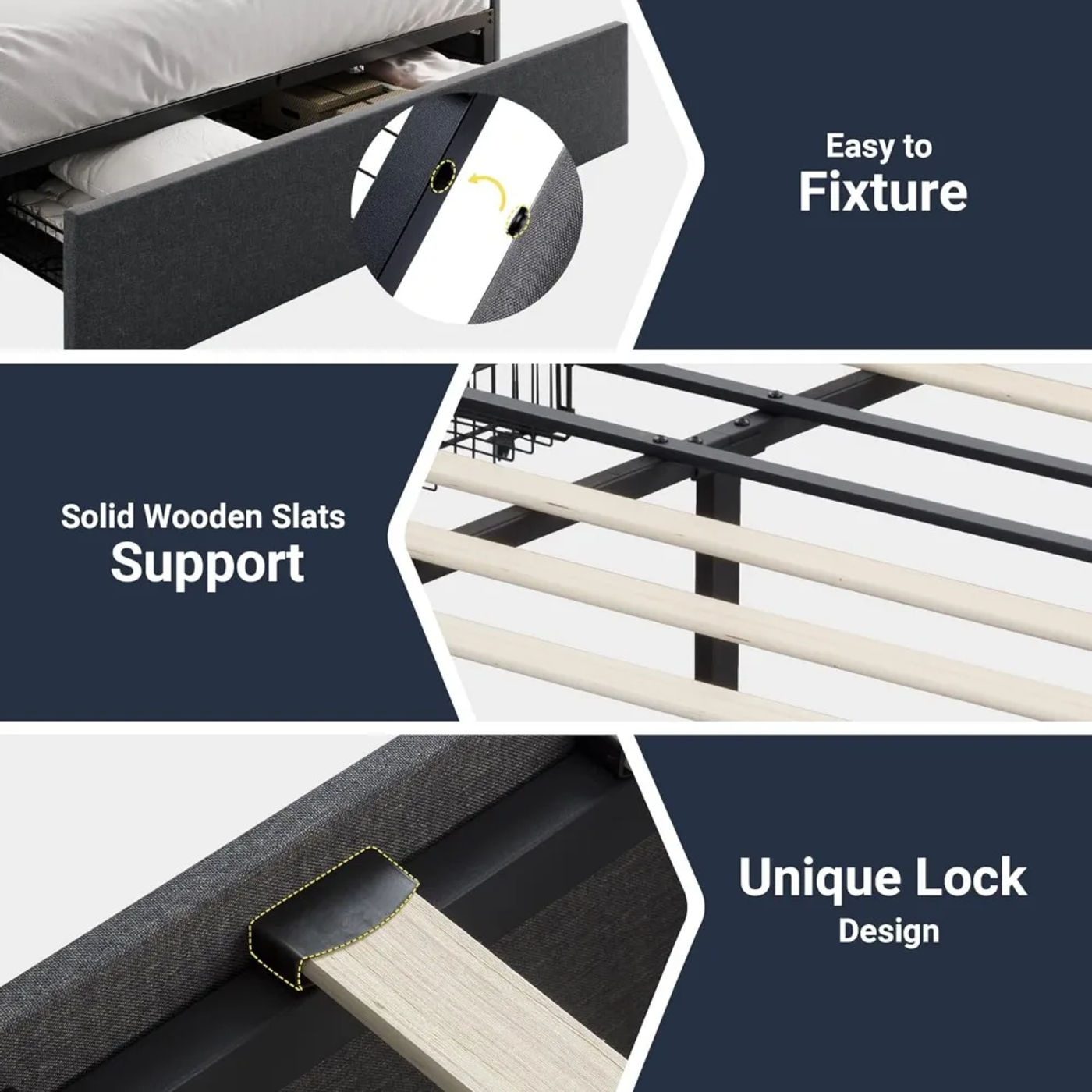 Description Picture 6 of itemFull Size Platform Bed Frame with 3 Storage Drawers, Fabric Upholstered, Wooden Slats Support, No Box Spring Needed, Noise Free