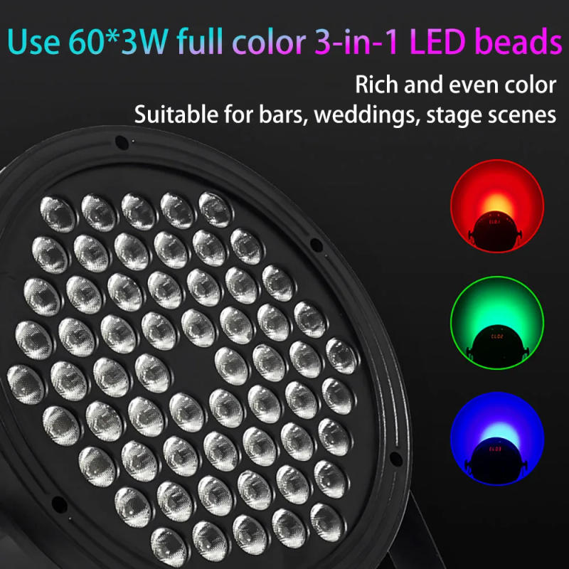 Description Picture 4 of itemDMX512 Control Stage Flat Light 60x3W RGB Full Color 3 in 1 LED Par Light party lights for Dance Studio Disco Show Lighting