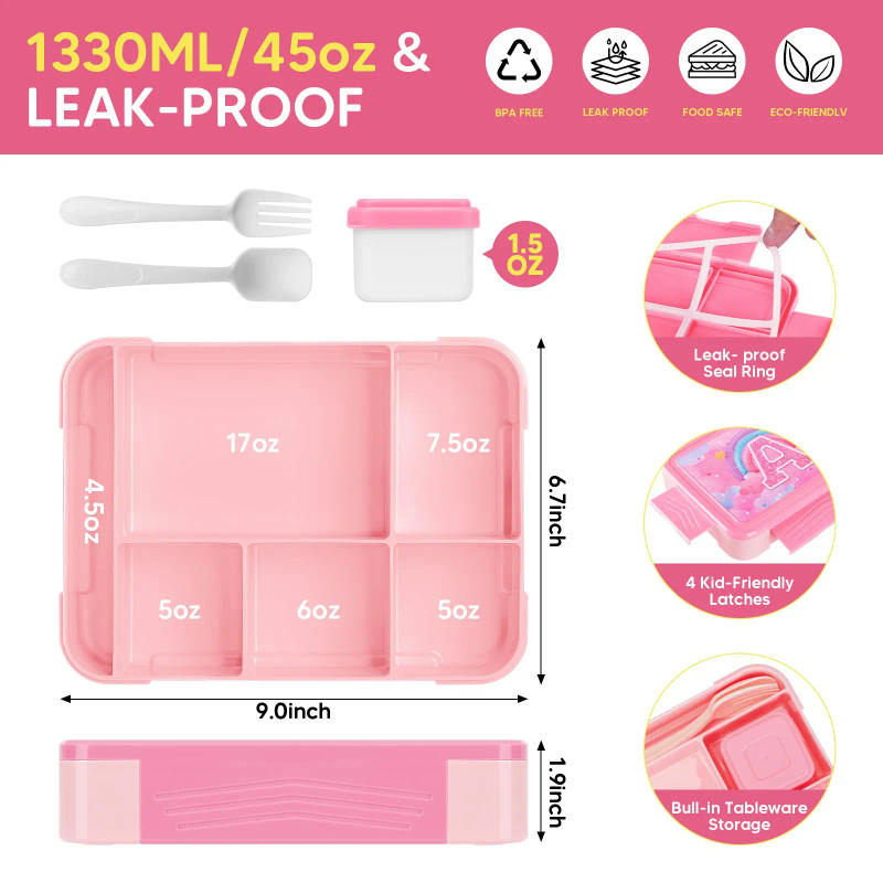Description Picture 5 of itemKids Lunch Box Set with Lunch Bag water bottle Bento Box with 6 Compartment For School Dishwasher Safe Girls Gift