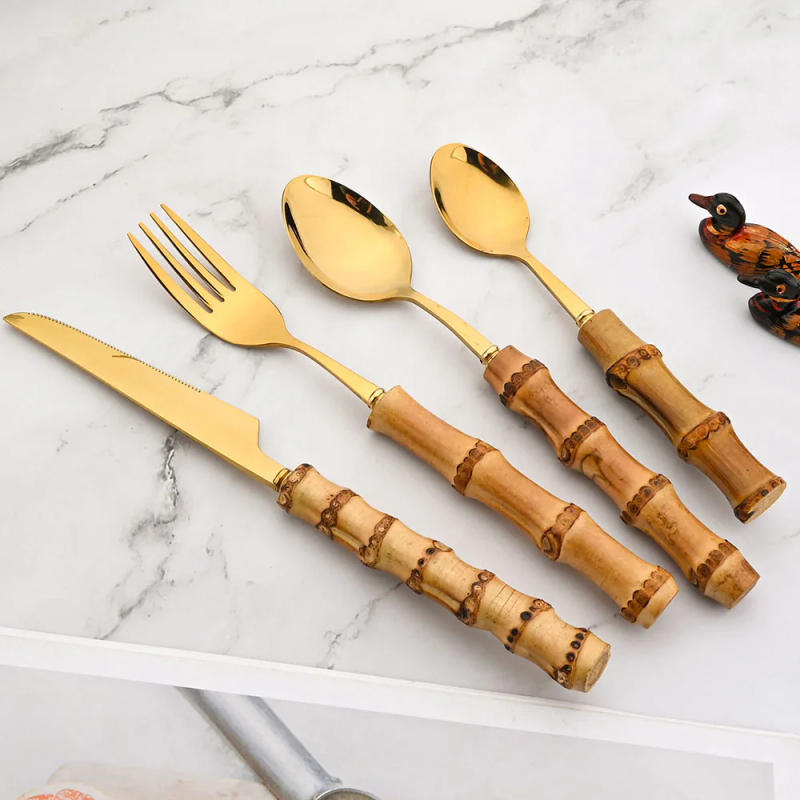 Description Picture 4 of item24Pcs Creative Tableware Set Bamboo Handle Stainless Steel Dinnerware Set Knife Fork Spoon Tableware Set Luxury Cutlery Rack