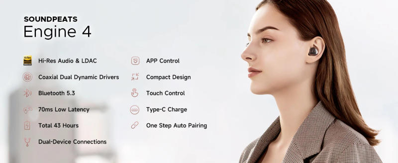 Description Picture 4 of itemSoundPEATS Engine4 Hi-Res Bluetooth 5.3 Wireless Earbuds with LDAC, Coaxial Dual Dynamic Drivers for Stereo Sound, Total 43 Hrs