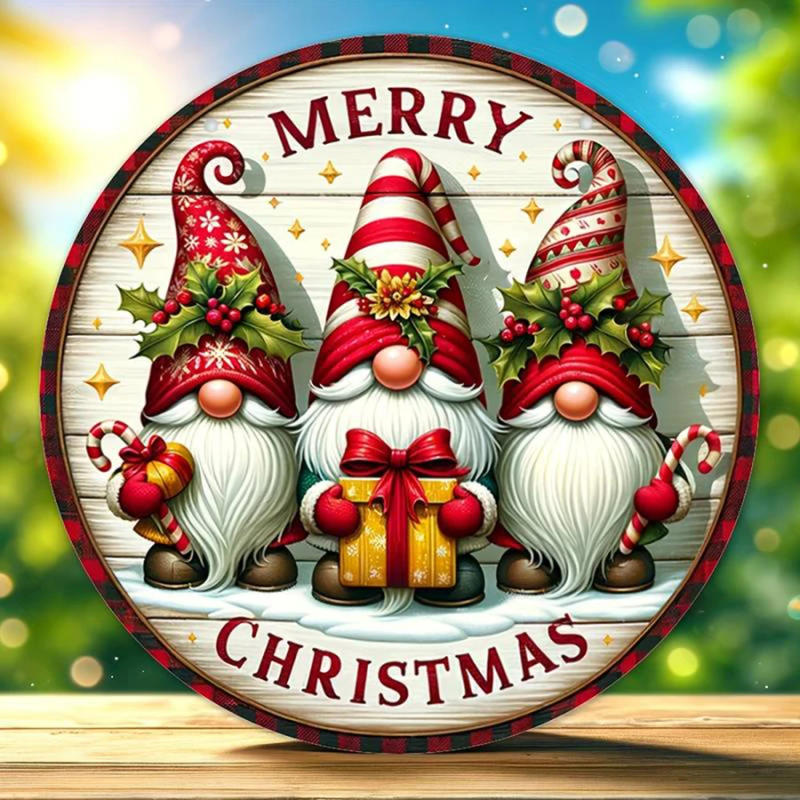 Description Picture 6 of itemChristmas wooden circular signboard with three pointed hat faceless dolls patterns wall corridor door decoration hanging board