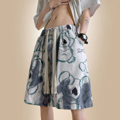 Hong Kong Style Men's Thin Quick-drying Shorts Summer Breathable Bear Graffiti Trendy Printed Pants Casual Beach Sports Shorts
