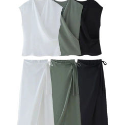 TRAFZA Summer Women's Draped Casual Vest Tops 2-piece Set Retro Sleeveless Pleated Vest+Elastic Waist Women's Sarong Pants Set