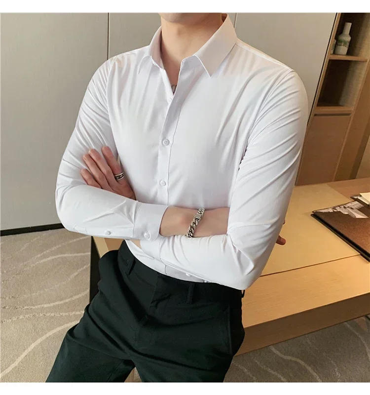 Description Picture 6 of itemSummer Men Fashion Casual Short Sleeve Solid Shirt Super Slim Fit Male Social Business Dress Shirt Brand Men Casual Dress Blouse