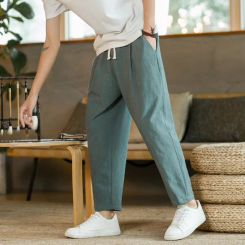 Men Ninth Pants Loose Straight Drawstring Elastic Waist Pockets Casual Pants Solid Color Breathable Ankle Length Sweatpants