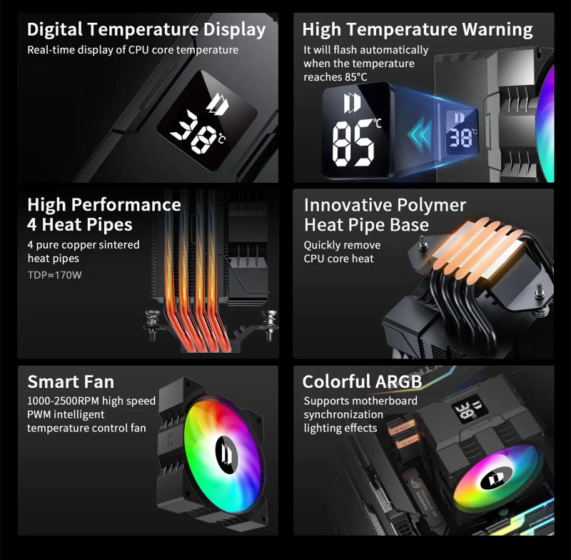 Description Picture 3 of itemUPSIREN Walrus Assassin 90 Digital Display 4 Heatpipe CPU Cooler 92mm Cooling Fan Radiator Air Cooler For LGA1700/1200 AM4 AM5