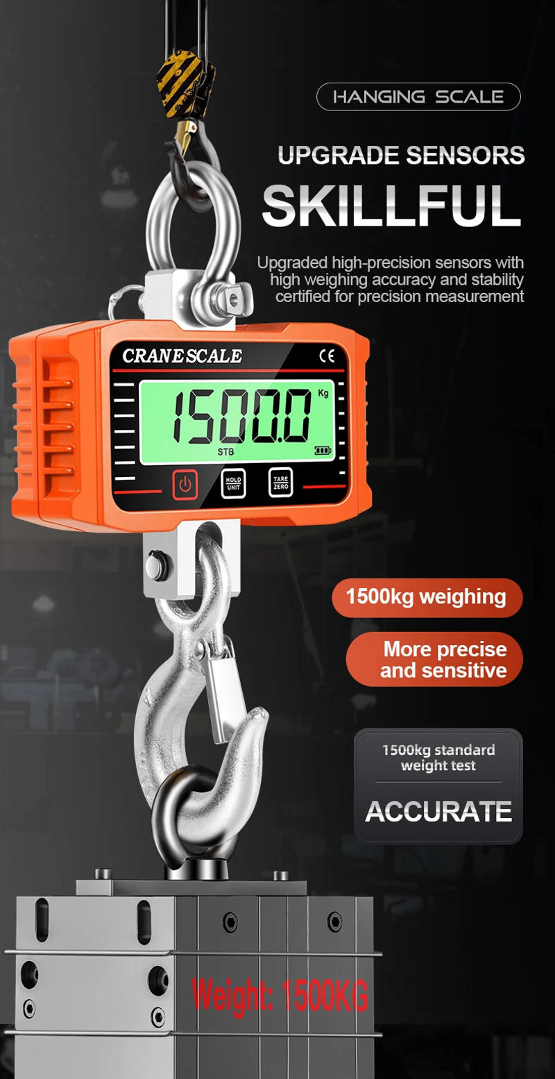 Description Picture 5 of item1500KG Digital LCD Crane Scale 500kg/1T High Load Industrial Heavy Duty Alloy Hook Lock Weighing Balance N/lb/kg Hanging Scales