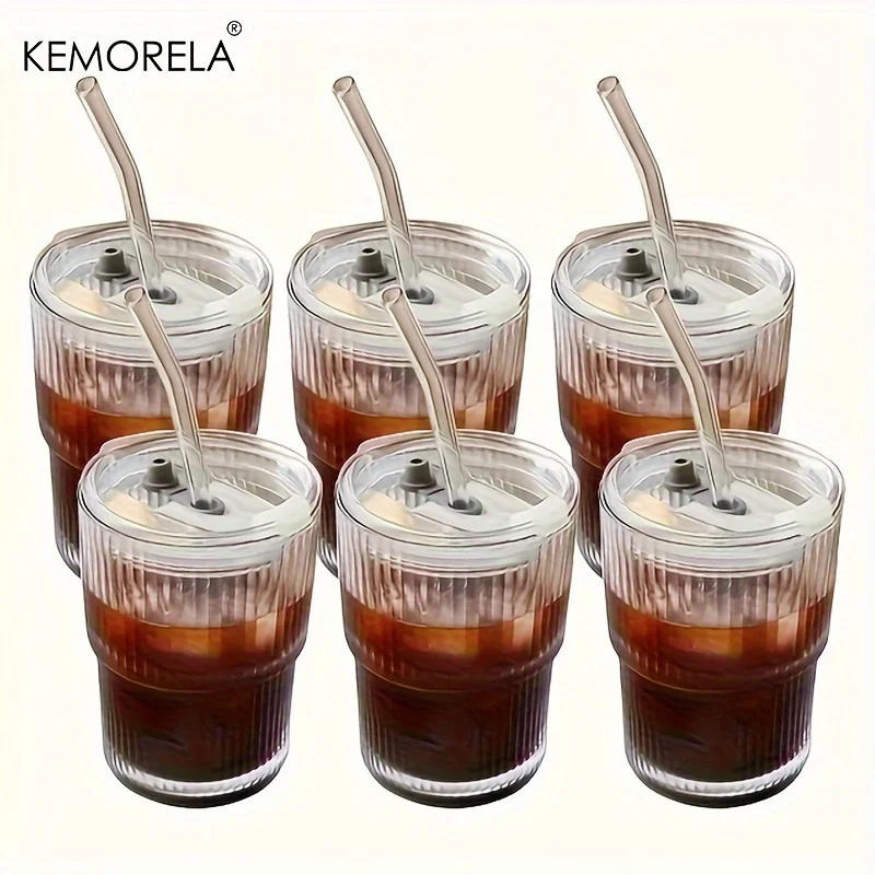 Description Picture 2 of item4/6PCS 450ml Stripe Glass Cup Transparent Glasses With Lid and Straw Ice Coffee Mug Tea Cup Juice Glass Milk Water Cup Drinkware