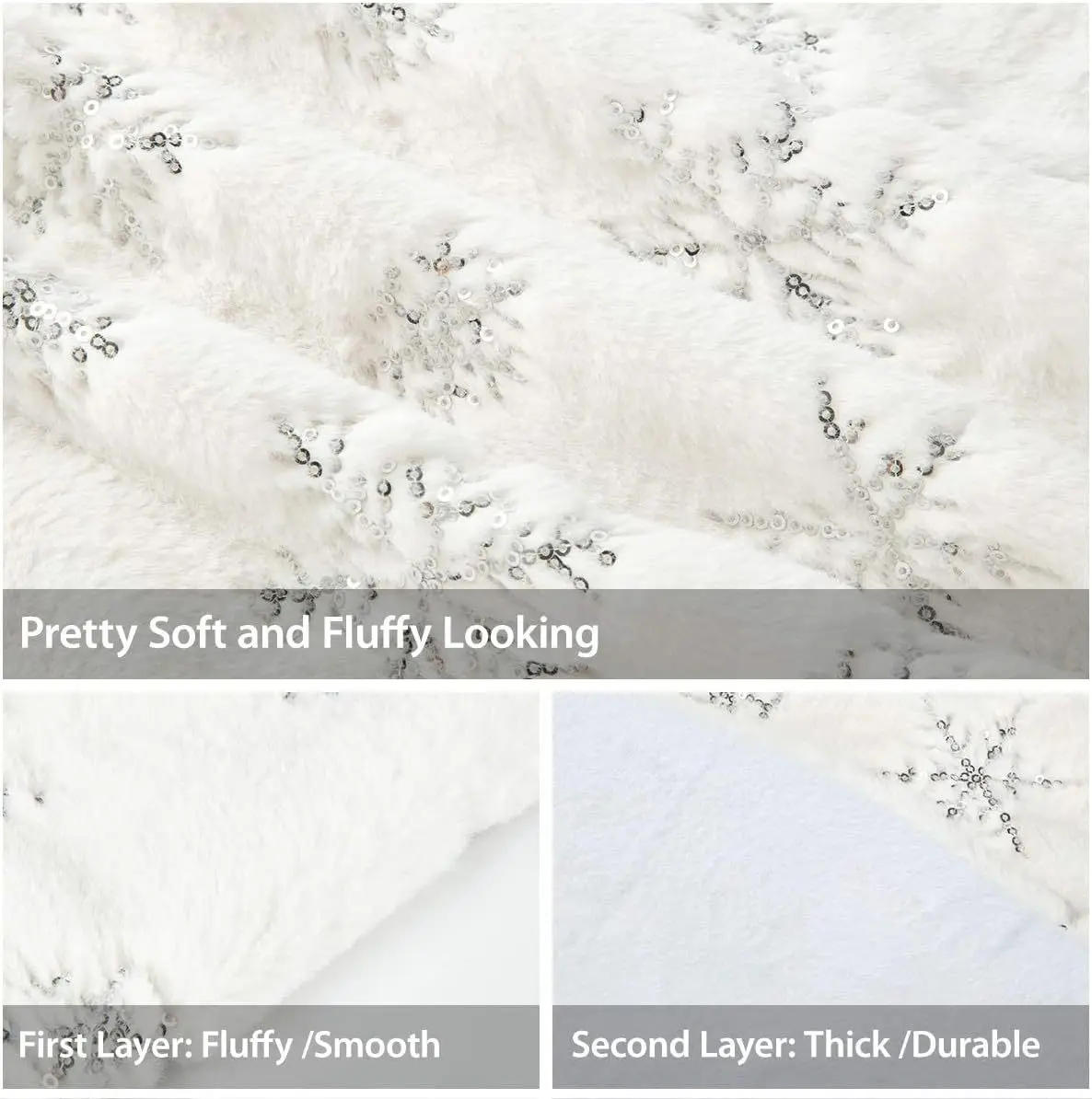 Description Picture 6 of item60/90/122cm Gold Pearl Pequin Christmas Tree Skirt for Xmas Tree Holiday Party White Plush Silver Snowflake Home Decoration