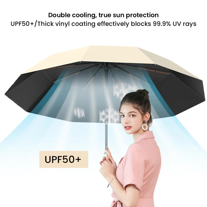 Description Picture 2 of item3 in 1 Sun Protection Umbrella with Fan,USB Rechargeable Automatic Folding UV Umbrella,Portable Sun Travel Umbrella for Travel