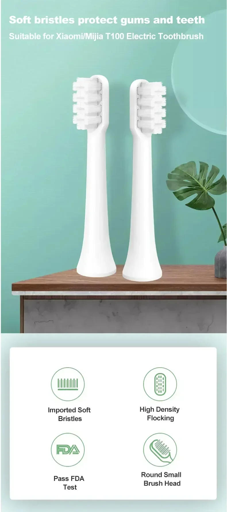 Description Picture 2 of item10PCS For XIAOMI MIJIA T100 Replacement Brush Heads Sonic Electric Toothbrush Vacuum DuPont Soft Bristle Suitable Nozzles