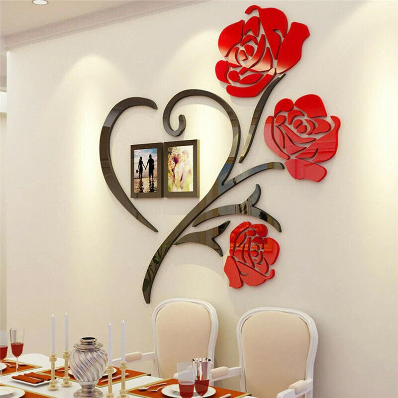 Description Picture 3 of item3D Heart Shaped Rose Acrylic Mirror Wall For Living Room Sofa TV Wall Bedroom Photo Frame Decoration Self-Adhesive DIY Art Decal