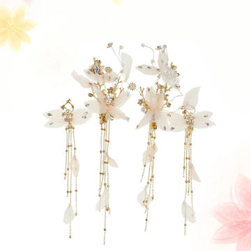 Pretty Hair Set Tassel Clip Earrings Fairy Hair Clip Cloth Hairpins Clamps Delicate Barrettes Styling Wedding Dress