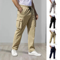 Straight-leg Pants Men Outdoor Pants Men's Drawstring Cargo Pants with Elastic Waist Multi Pockets Solid Color for Wear