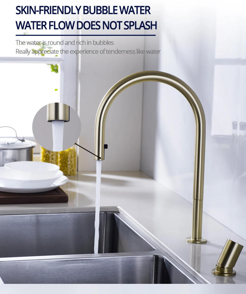 Description Picture 6 of itemBrushed Gold Kitchen Faucet Invisible Pull Out Spray Mixer Double Hole Single Handle Solid Brass Hot and Cold Sink Tap