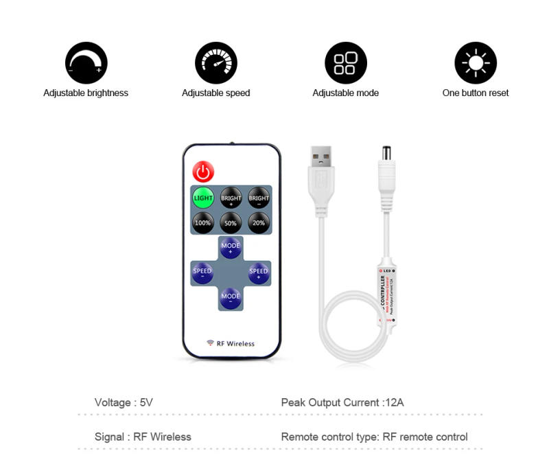 Description Picture 2 of itemDC5V USB Dimmable LED Controller With RF Dimmer Remote control ON/OFF 5V DC female LED Strip Light