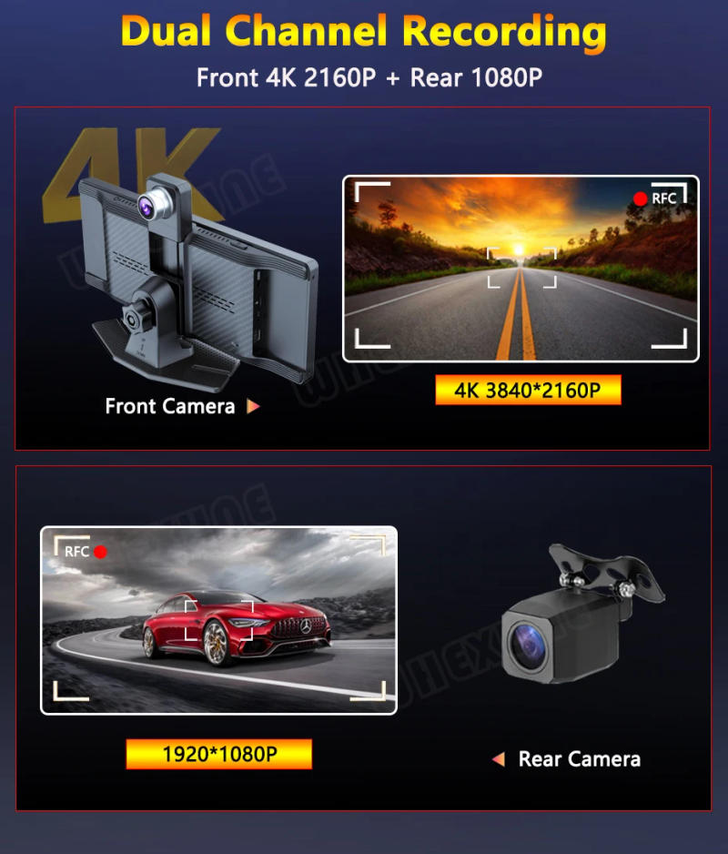 Description Picture 6 of item10.26" 4K Dash Cam Carplay Android Auto GPS 5G WIFI FM BT Car Dvr 360 ° Rotation Dual Lens Dashcam Truck Camera Drive Recorder