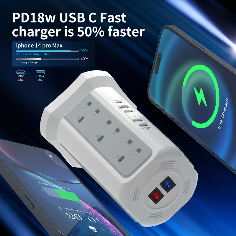 Description Picture 2 of itemTower extension cable with USB slot (1.8M) and 18W USB C Fast charger, (13A 3250W) 5 USB ports and 12AC for home and office